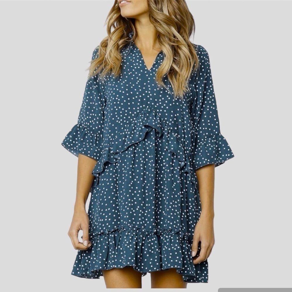 Mitilly Teal Ruffled Polka Dot Mini Dress Size XL